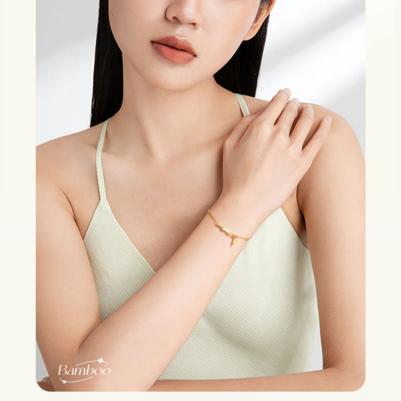Buddha Stones 925スターリングシルバー 18Kゴールドメッキ ホワイトジェイド 竹 ジルコン リーフ 幸運ブレスレット