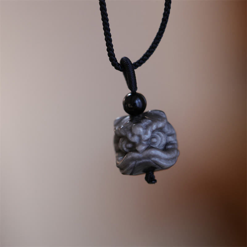 Buddha Stones天然銀光沢黒曜石踊るライオン守護ネックレスペンダント