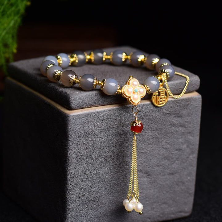 Buddha Stones天然グレー瑪瑙フーキャラクターパールタッセルバランスブレスレット