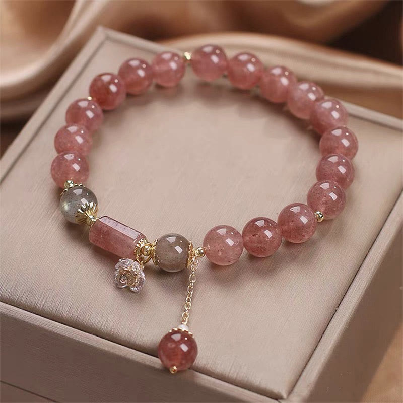 Buddha Stones天然ストロベリークォーツ ジルコンフラワー ポジティブチャームブレスレット