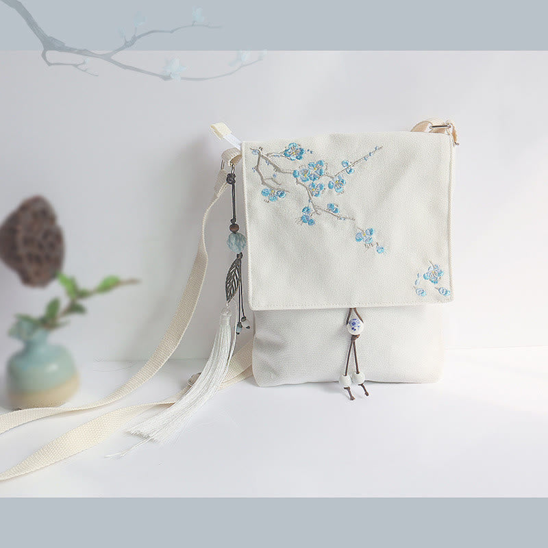 Buddha Stonesハンドメイド刺繍梅花キャンバスクロスボディバッグショルダーバッグハンドバッグ