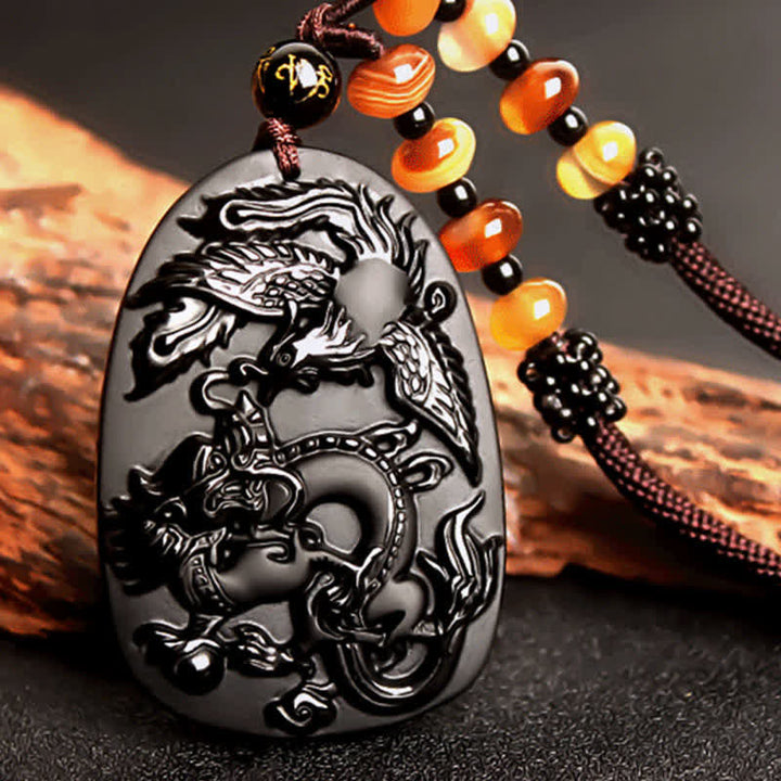 Buddha Stonesブラックオブシディアン タイガーアイ ドラゴン フェニックス 守護ビーズネックレスペンダント - image 3