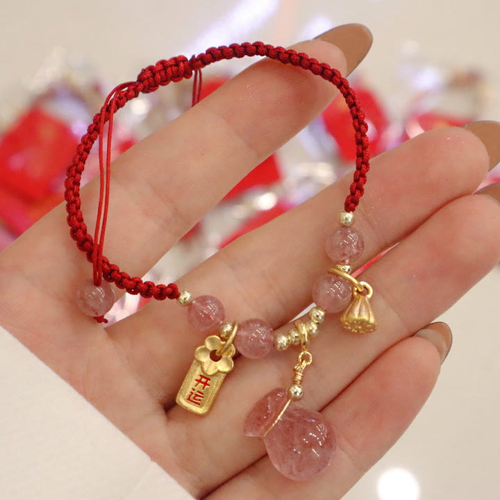 Buddha Stones天然ストロベリークォーツ マネーバッグ ロータス ヒーリングチャーム赤紐編み込みブレスレット