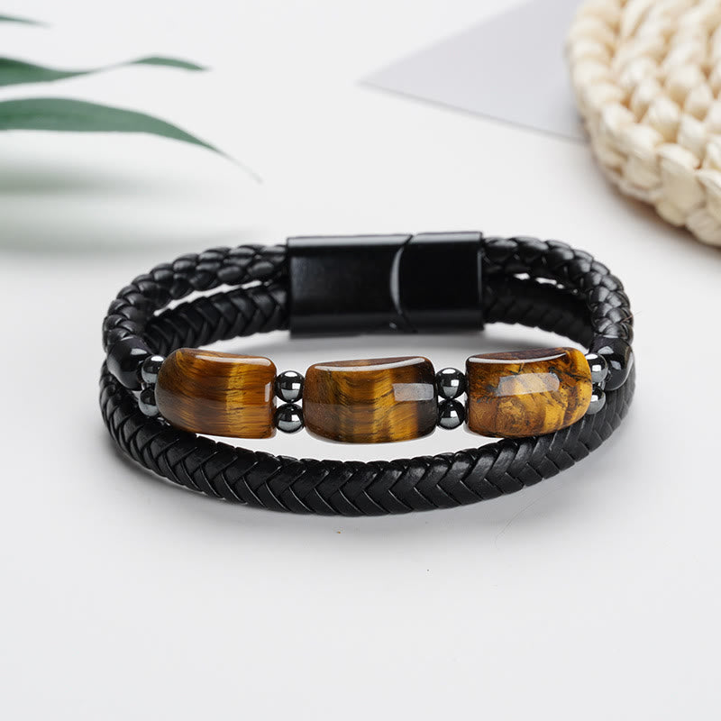 Buddha Stones天然タイガーアイ保護意志力磁気バックルレザーブレスレット
