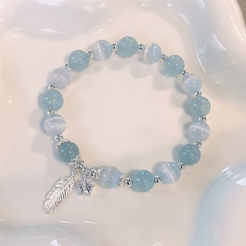 Buddha Stones 925スターリングシルバー アクアマリン キャッツアイ ヒーリングフェザースターチャームブレスレット