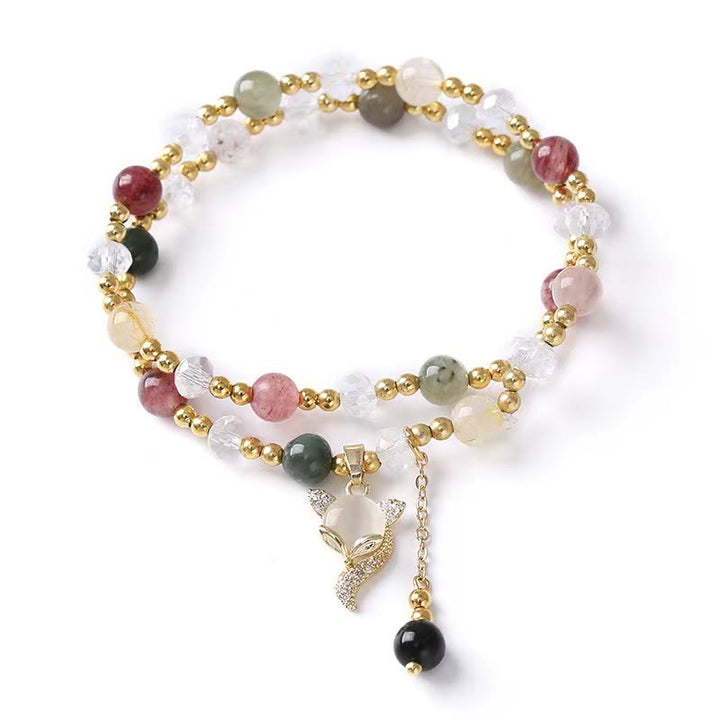 Buddha Stonesマルチカラー ルチルクォーツ キツネの守護 ダブルラップブレスレット