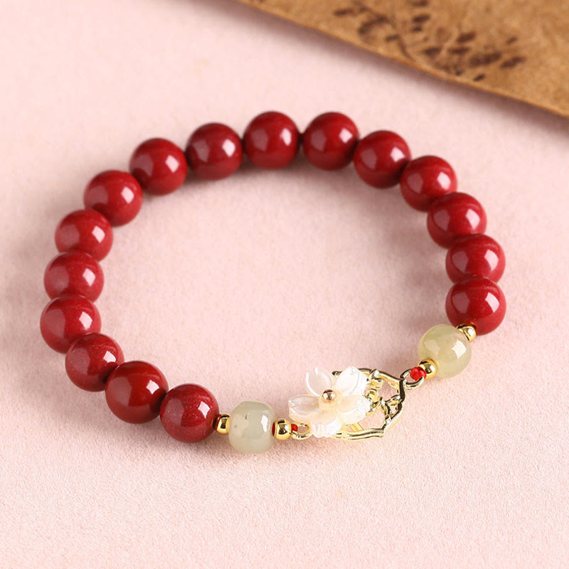 Buddha Stones天然辰砂翡翠ビーズ入りシャコガイ石花の祝福ブレスレット