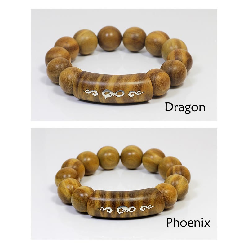 Buddha Stones999 スターリングシルバー グリーンサンダルウッドオーム・マニ・パドメ・フムドラゴンフェニックス ダルマチャクラ象嵌 平和ブレスレット