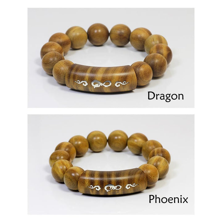 Buddha Stones999 スターリングシルバー グリーンサンダルウッドオーム・マニ・パドメ・フムドラゴンフェニックス ダルマチャクラ象嵌 平和ブレスレット