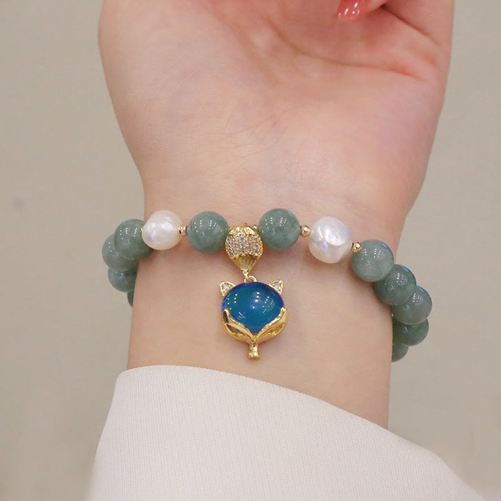 Buddha Stones翡翠パールの色が変わるキツネのお守り幸運ブレスレット