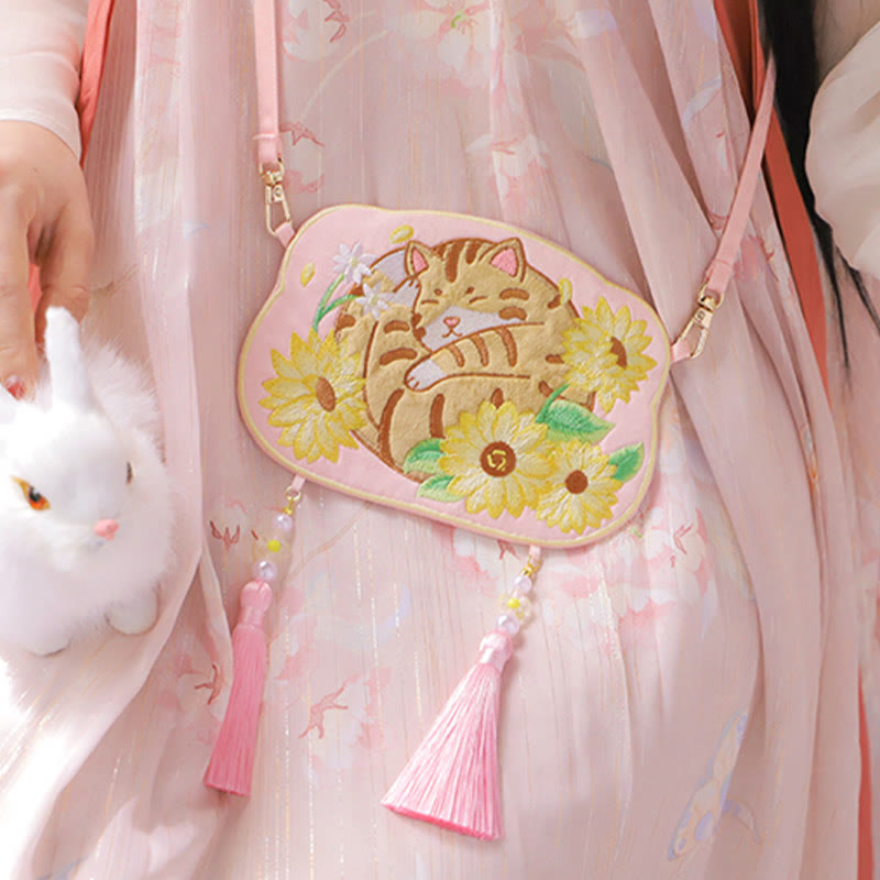 Buddha Stones刺繍のラッキーパンダ猫柴犬鹿ウサギキツネ花かわいい動物漢服バッグクロスボディバッグショルダーバッグ