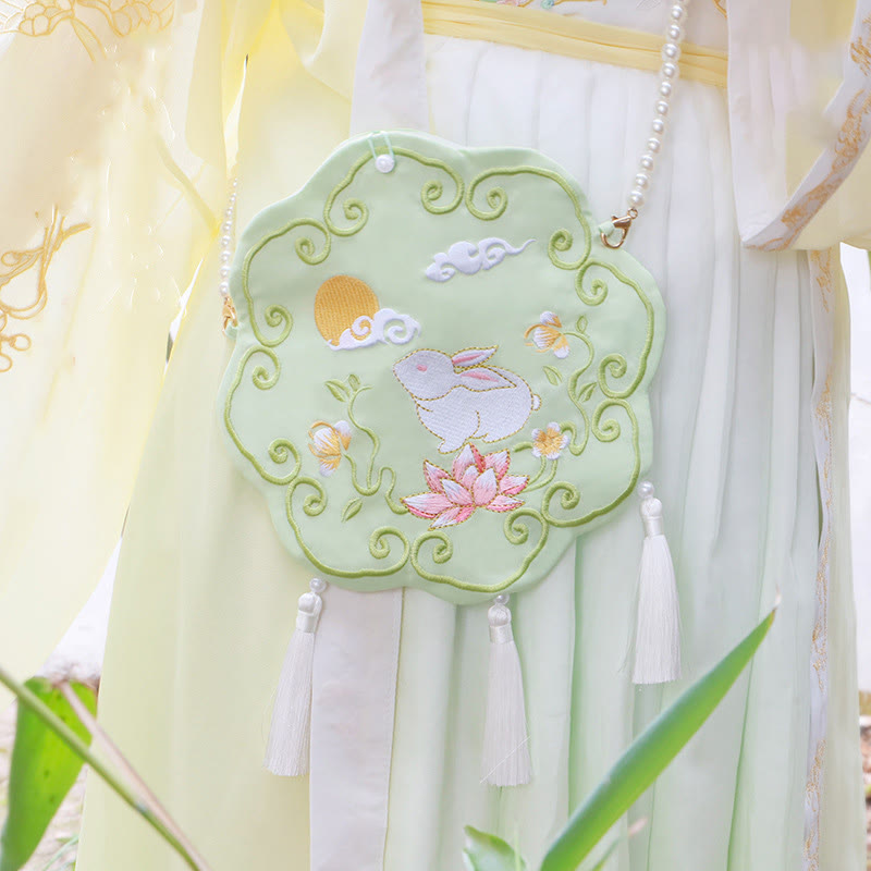 Buddha Stonesと幸運の刺繍、蓮と鯉とウサギの花の漢服バッグ、斜め掛けバッグ、ショルダーバッグ