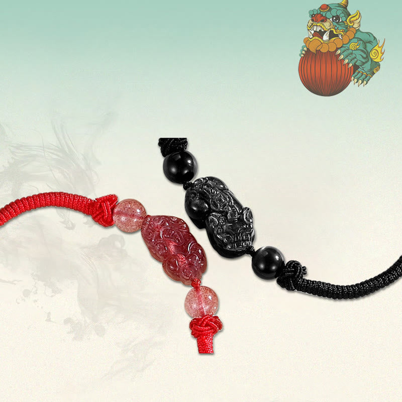 Buddha Stonesハンドメイド天然銀光沢黒曜石ストロベリークォーツ貔貅守護編み込みブレスレット - image 10