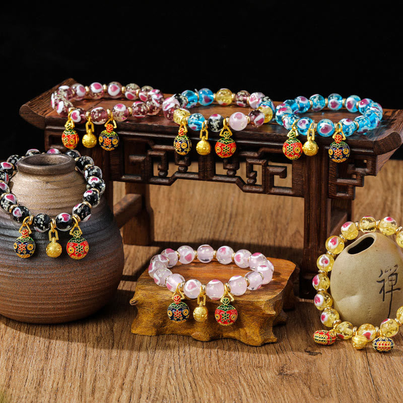 Buddha Stones金 呑み込み獣 ファミリー ピンク ラブハート 光る 蛍光 Liuli ガラス ビーズ ブレスレット