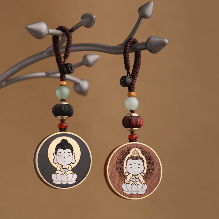 Buddha Stones黒檀木材ローズウッド仏観音菩薩Om Mani Padme Humバランス車のキーチェーン装飾