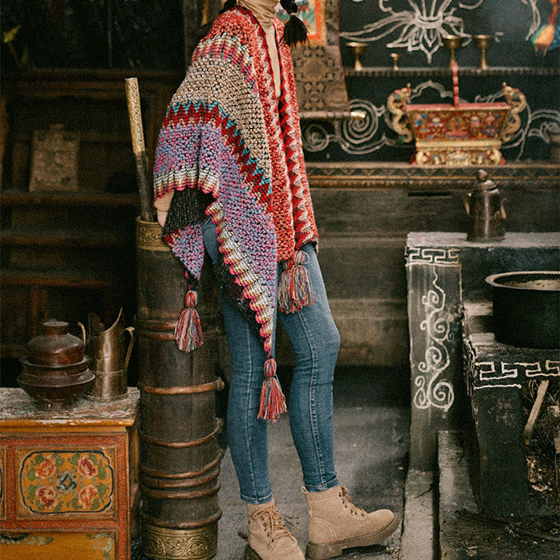 Buddha Stonesチベットショール 編み物 暖かいマント チベットタッセルスカーフ - image 7