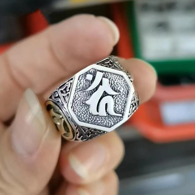 Buddha Stones925 スターリングシルバー サンスクリットデザイン 彫刻入り 保護 調節可能 リング