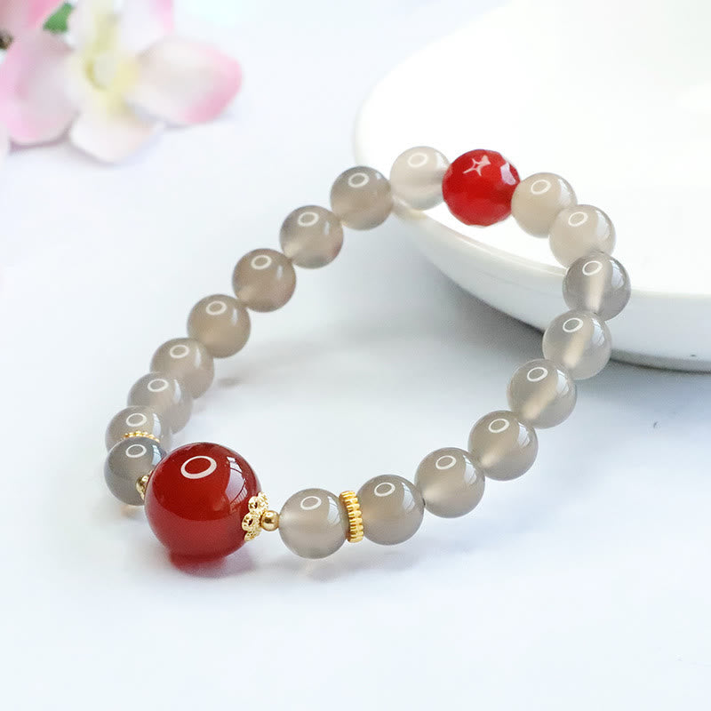 Buddha Stones天然グレーカルセドニー レッドアゲート ハーモニーブレスレット