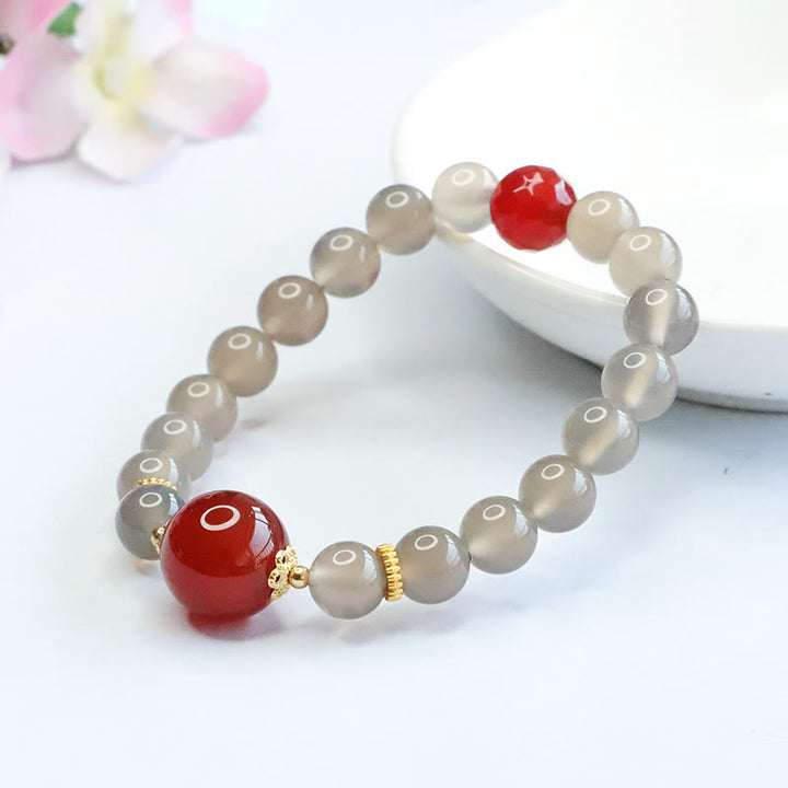 Buddha Stones天然グレーカルセドニー レッドアゲート ハーモニーブレスレット