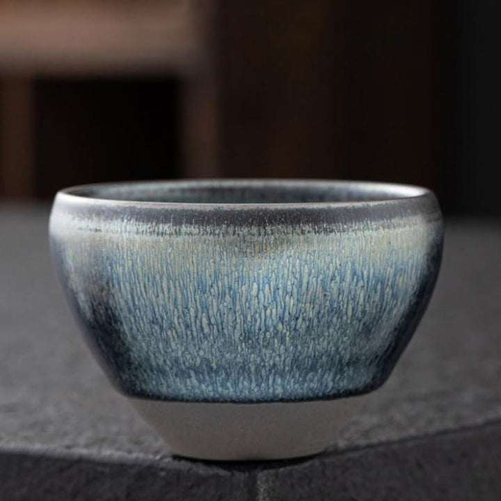Buddha Stonesヴィンテージ 中国製 シルバー ブルー Jianzhan 窯変磁器 ティーカップ カンフー ティーカップ