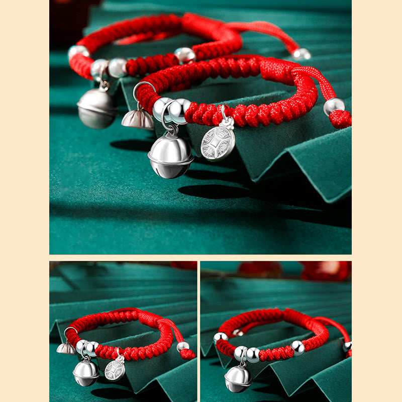 Buddha Stones925 スターリングシルバー ハンドメイド フーキャラクター 幸運のお金袋 中国ロックチャーム ベル ロータス 銅貨 キングコングノット編み 子供用ブレスレット