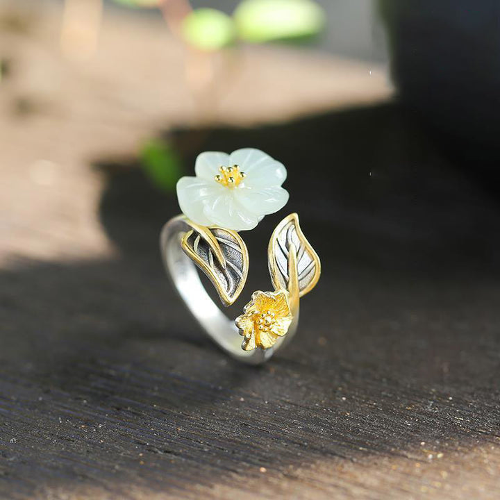 Buddha Stones925シルバーメッキ銅白翡翠梅花葉幸運リング