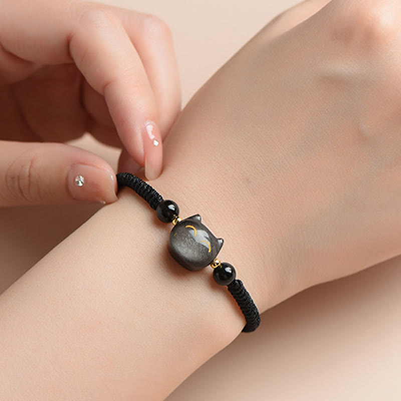 Buddha Stonesハンドメイド 天然銀光沢黒曜石 ストロベリークォーツ かわいい猫のお守り編み込みブレスレット - image 4