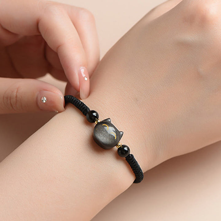 Buddha Stonesハンドメイド 天然銀光沢黒曜石 ストロベリークォーツ かわいい猫のお守り編み込みブレスレット - image 4