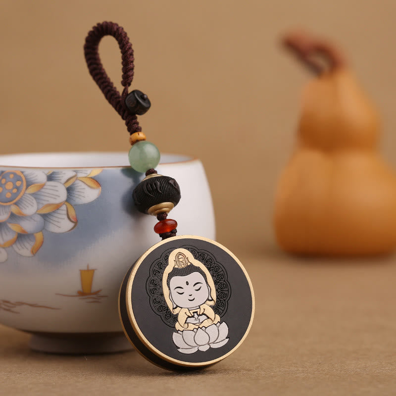 Buddha Stones黒檀木材ローズウッド仏観音菩薩Om Mani Padme Humバランス車のキーチェーン装飾