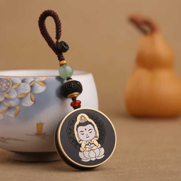 Buddha Stones黒檀木材ローズウッド仏観音菩薩Om Mani Padme Humバランス車のキーチェーン装飾