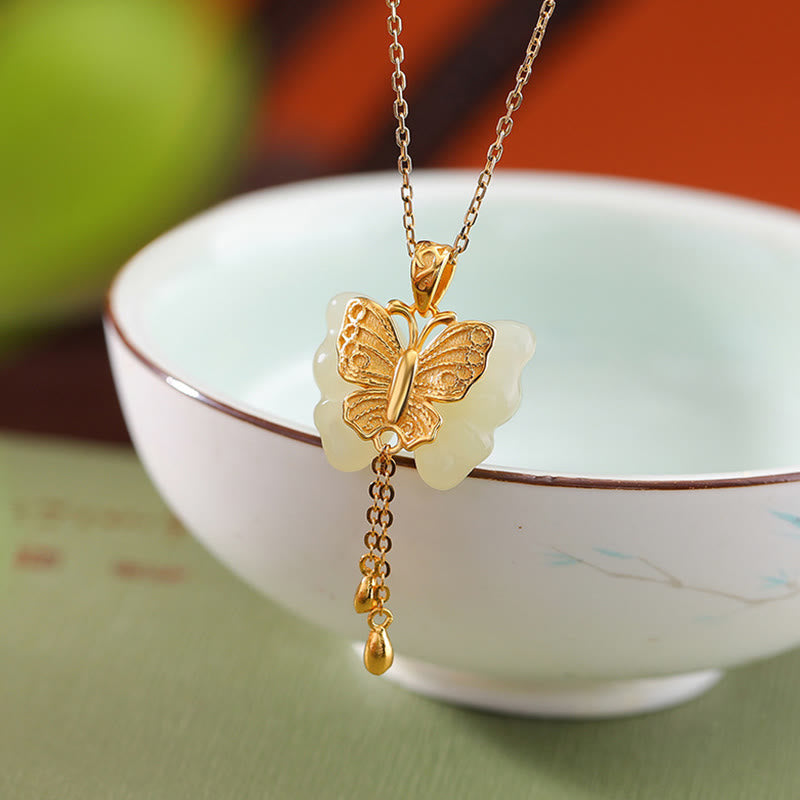Buddha Stones 925スターリングシルバーメッキゴールド和田白翡翠バタフライ祝福ネックレスペンダント