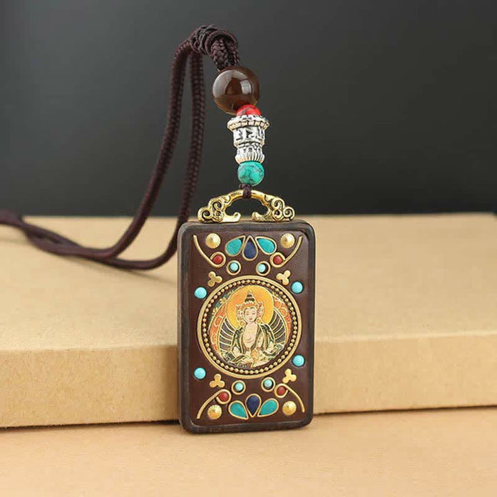 Buddha Stonesチベット 富の神 タンカ 黒檀 平和 ネックレス ペンダント