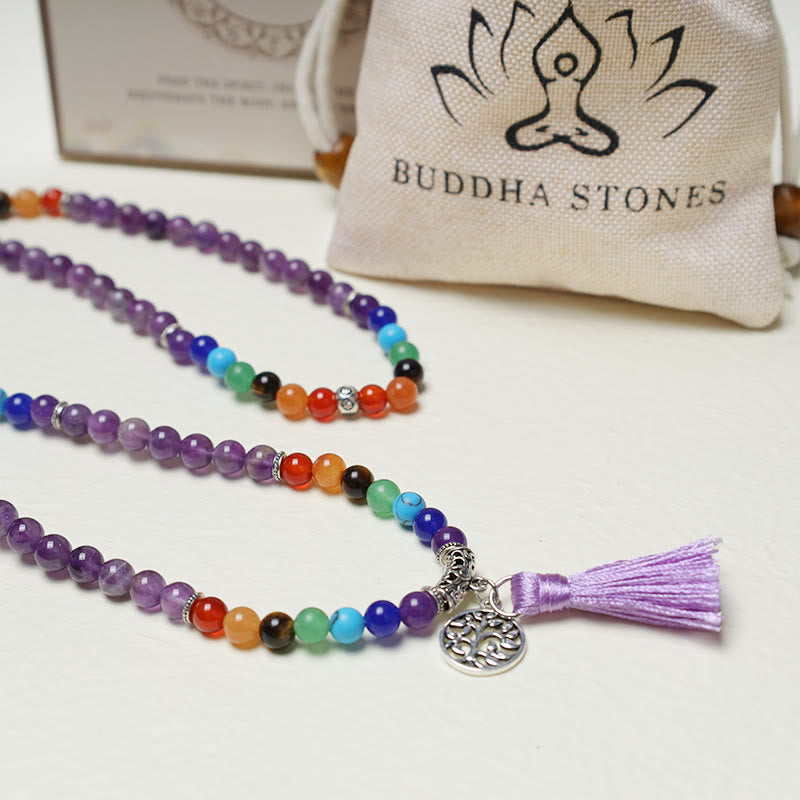 Buddha StonesヒーリングクリスタルMala祈りビーズ108瞑想ヒーリング多層ブレスレットネックレス