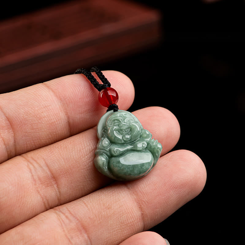 Buddha Stones天然グリーン翡翠 笑う仏陀 幸運 豊穣 ネックレス ペンダント