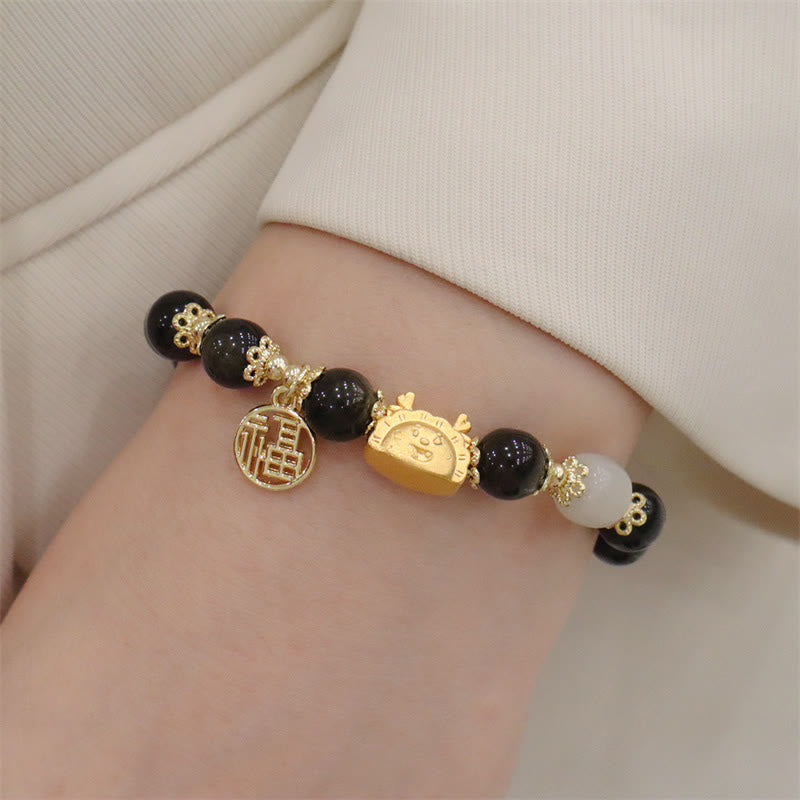 Buddha Stones赤瑪瑙 ストロベリークォーツ 黒曜石 翡翠 ガーネット 真珠 辰砂 団子型 龍 幸運 福 キャラクター ブレスレット - ブラックオブシディアン（手首周り14～19cm） - image 14