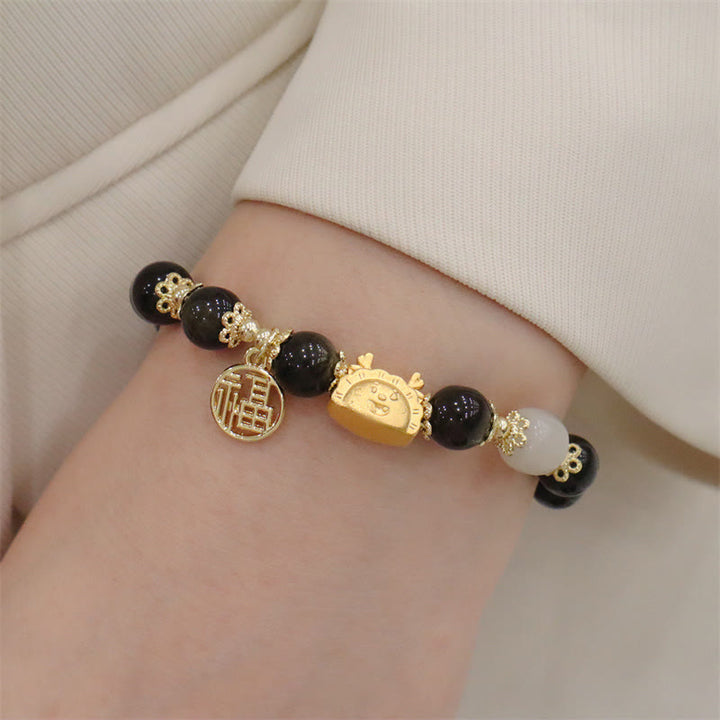 Buddha Stones赤瑪瑙 ストロベリークォーツ 黒曜石 翡翠 ガーネット 真珠 辰砂 団子型 龍 幸運 福 キャラクター ブレスレット - ブラックオブシディアン（手首周り14～19cm） - image 14