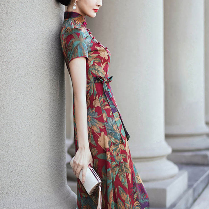 Buddha Stonesシルクチャイナドレス レトロ花葉柄レディースチャイナドレス