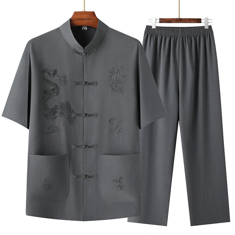 Buddha Stones唐装漢服中国龍伝統カンフーユニフォーム半袖トップスとパンツ衣類メンズセット