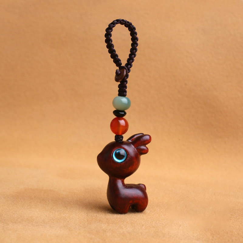Buddha Stones白檀の小葉 紫檀 黒檀 緑檀 幸運のミニ鹿彫刻 守護キーチェーン 携帯電話吊り下げ装飾