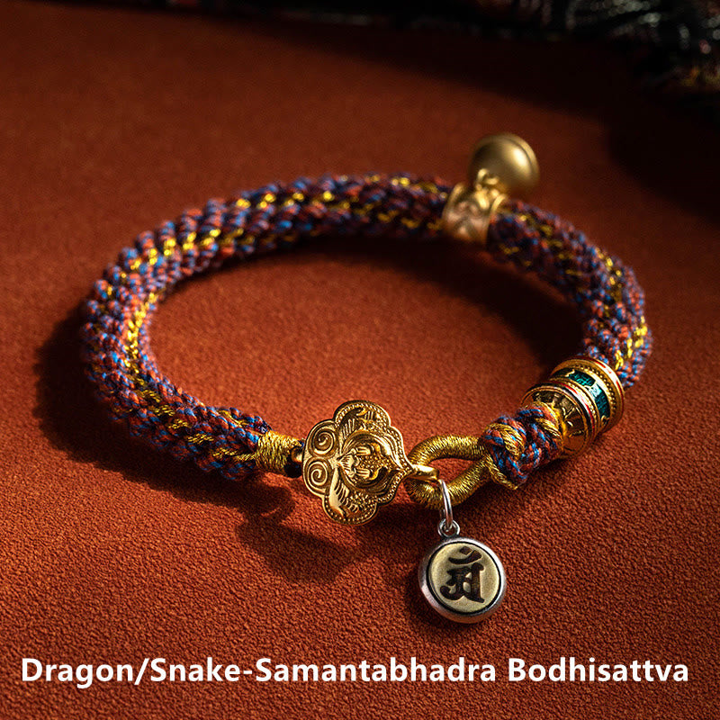 Buddha Stones925 スターリングシルバー十二支誕生仏オーム・マニ・パドメ・フム幸運の鐘 編み込みストリングブレスレット