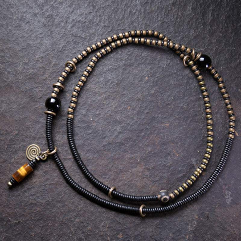 Buddha Stones黒檀 木製 Dzi ビーズ 銅 平和 カップル ブレスレット ネックレス ペンダント
