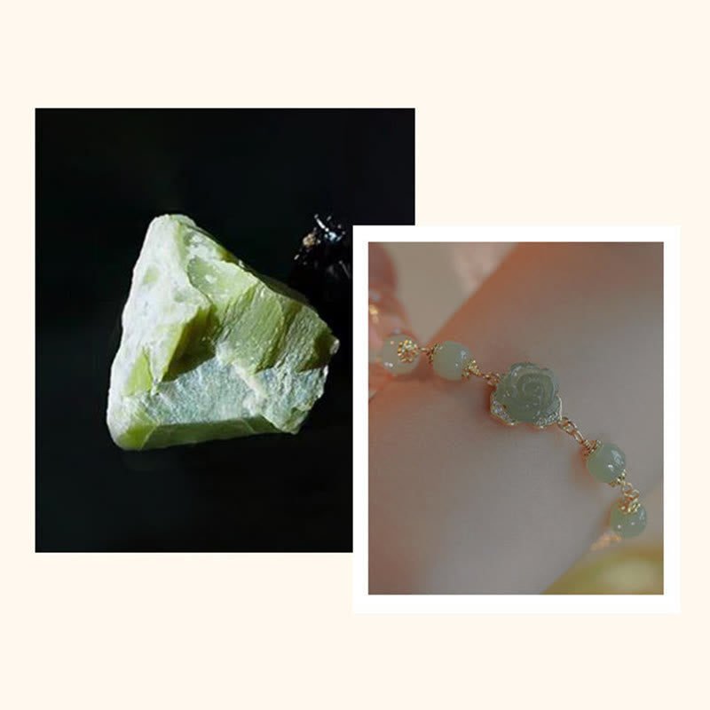 Buddha Stones14K ゴールドメッキ 和田翡翠 ローズフラワー 幸運のチェーンブレスレット
