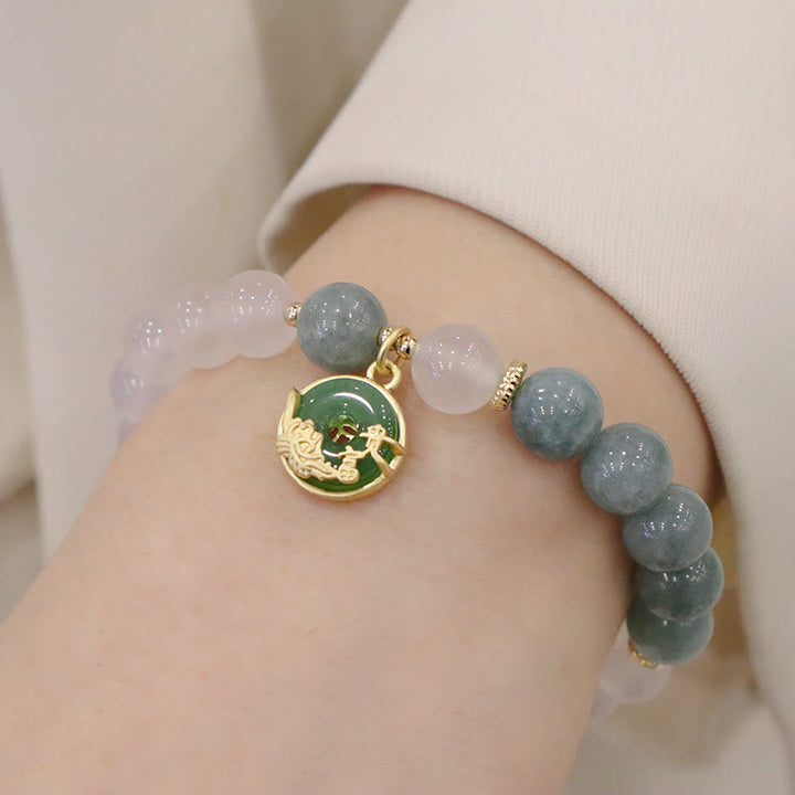 Buddha Stones白瑪瑙 翡翠 蓮の花 平和バックル 守護ブレスレット