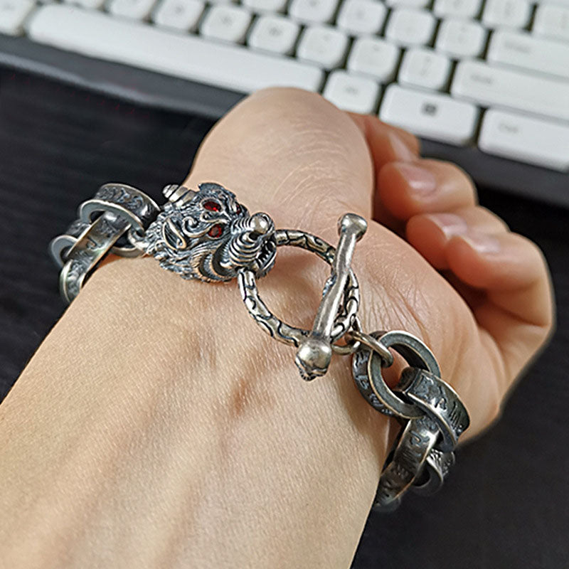 Buddha Stones925スターリングシルバー ドラゴン キリンオーム・マニ・パドメ・フム成功の強さブレスレットバングル