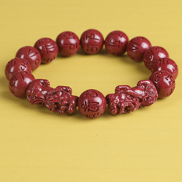 Buddha Stones天然 ダブル 貔貅 辰砂オーム・マニ・パドメ・フム富と幸運のビーズブレスレット