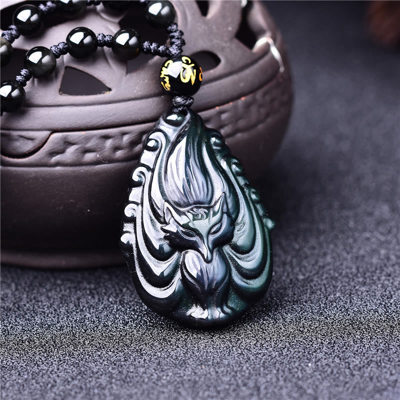 Buddha Stones天然レインボーオブシディアン 九尾狐 内なる平和のネックレス ビーズ紐ペンダント