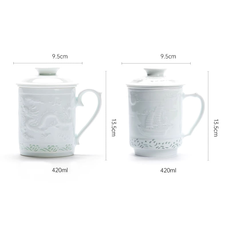 Buddha Stones玲瓏 磁器 縁起の良い龍鳳凰船 順風満帆 陶器 ティーカップ オフィス ティーカップ 420ml