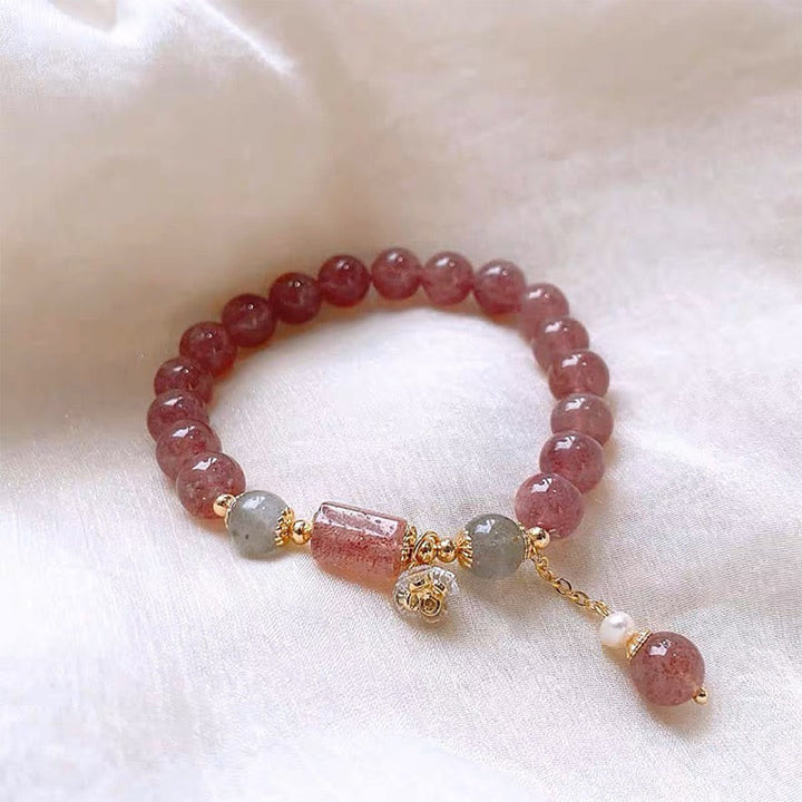 Buddha Stones天然ストロベリークォーツ ジルコンフラワー ポジティブチャームブレスレット