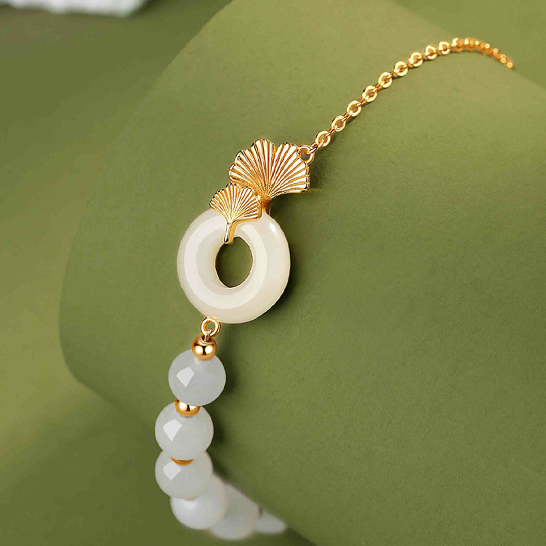 Buddha Stones 925スターリングシルバー 和田白翡翠 平和バックル イチョウの葉 幸運ブレスレット