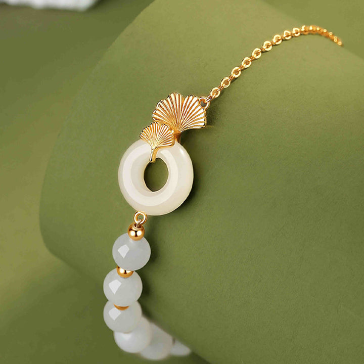 Buddha Stones 925スターリングシルバー 和田白翡翠 平和バックル イチョウの葉 幸運ブレスレット